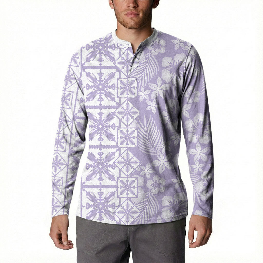 Pastel Purple Kahili Quilt Hawaii Button Sweatshirt Tropical Flower Seamless Half Style