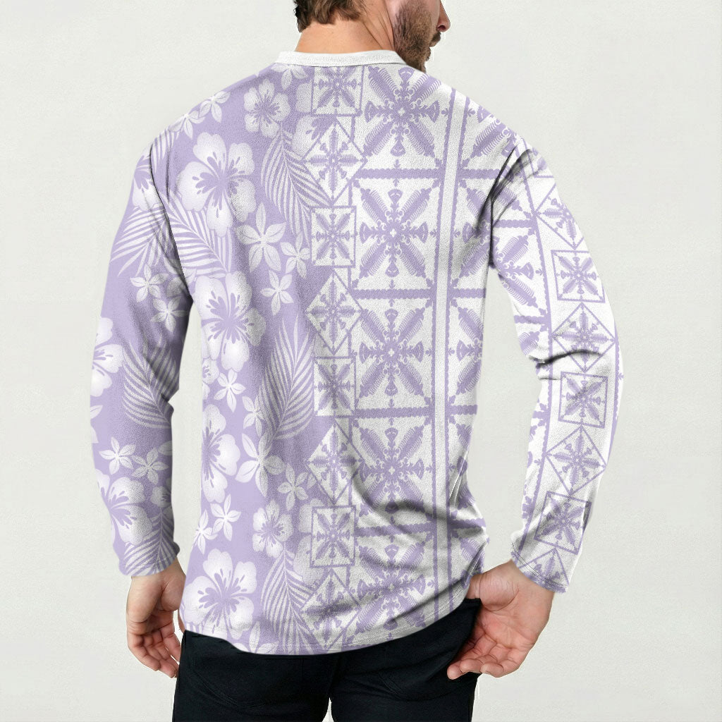 Pastel Purple Kahili Quilt Hawaii Button Sweatshirt Tropical Flower Seamless Half Style