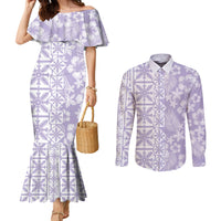 Pastel Purple Kahili Quilt Hawaii Couples Matching Mermaid Dress and Long Sleeve Button Shirt Tropical Flower Seamless Half Style LT14 Purple - Polynesian Pride