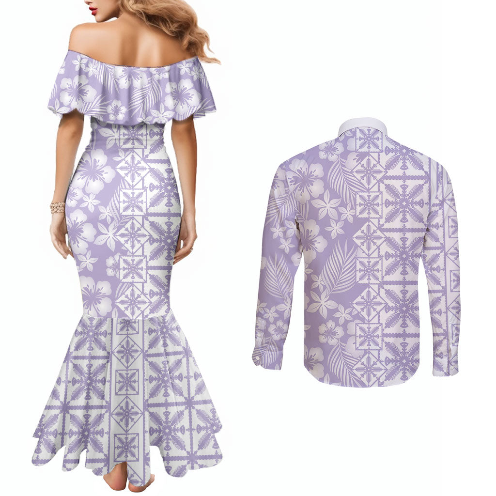 Pastel Purple Kahili Quilt Hawaii Couples Matching Mermaid Dress and Long Sleeve Button Shirt Tropical Flower Seamless Half Style LT14 - Polynesian Pride