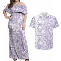 Pastel Purple Kahili Quilt Hawaii Couples Matching Off Shoulder Maxi Dress and Hawaiian Shirt Tropical Flower Seamless Half Style LT14 Purple - Polynesian Pride