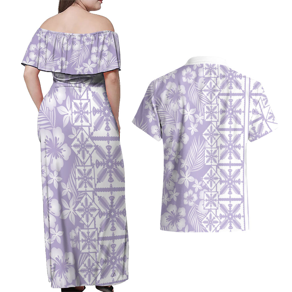 Pastel Purple Kahili Quilt Hawaii Couples Matching Off Shoulder Maxi Dress and Hawaiian Shirt Tropical Flower Seamless Half Style LT14 - Polynesian Pride