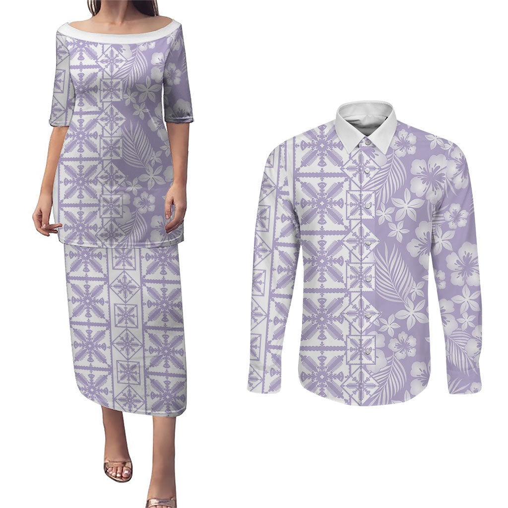 Pastel Purple Kahili Quilt Hawaii Couples Matching Puletasi and Long Sleeve Button Shirt Tropical Flower Seamless Half Style