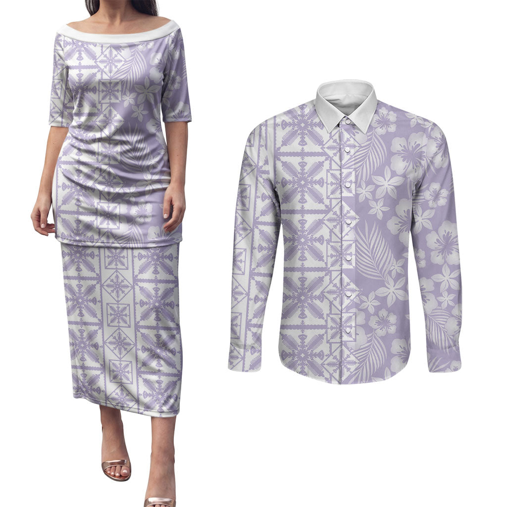 Pastel Purple Kahili Quilt Hawaii Couples Matching Puletasi and Long Sleeve Button Shirt Tropical Flower Seamless Half Style LT14 Purple - Polynesian Pride