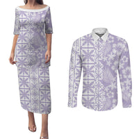 Pastel Purple Kahili Quilt Hawaii Couples Matching Puletasi and Long Sleeve Button Shirt Tropical Flower Seamless Half Style