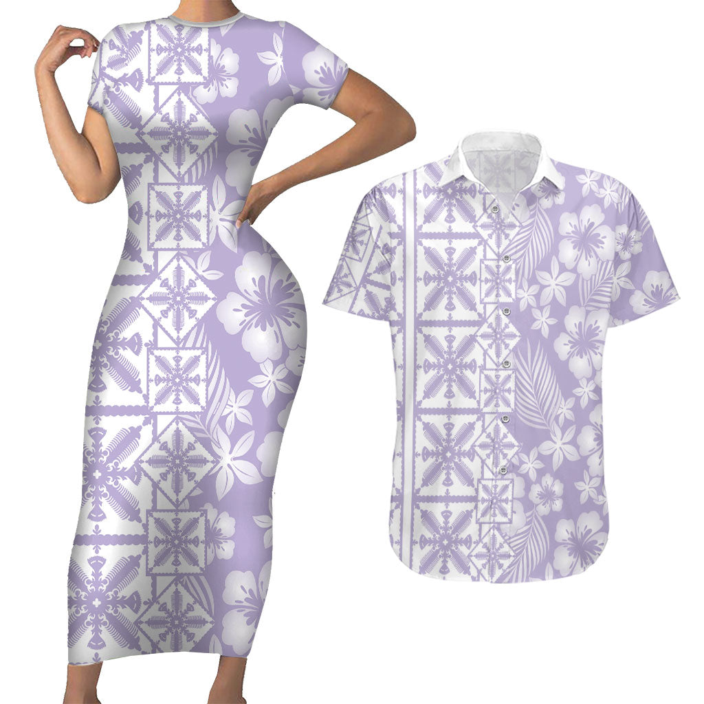Pastel Purple Kahili Quilt Hawaii Couples Matching Short Sleeve Bodycon Dress and Hawaiian Shirt Tropical Flower Seamless Half Style LT14 Purple - Polynesian Pride