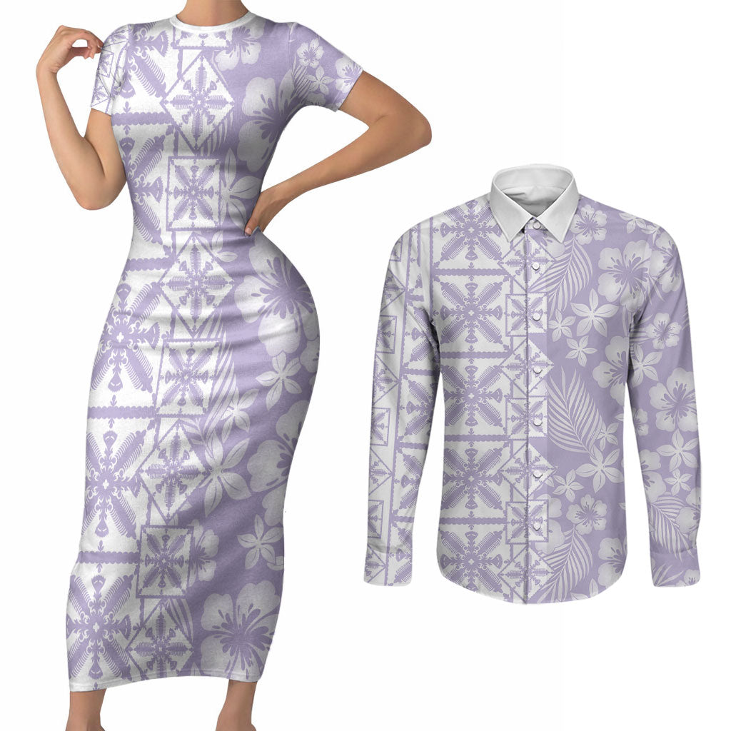 Pastel Purple Kahili Quilt Hawaii Couples Matching Short Sleeve Bodycon Dress and Long Sleeve Button Shirt Tropical Flower Seamless Half Style LT14 Purple - Polynesian Pride