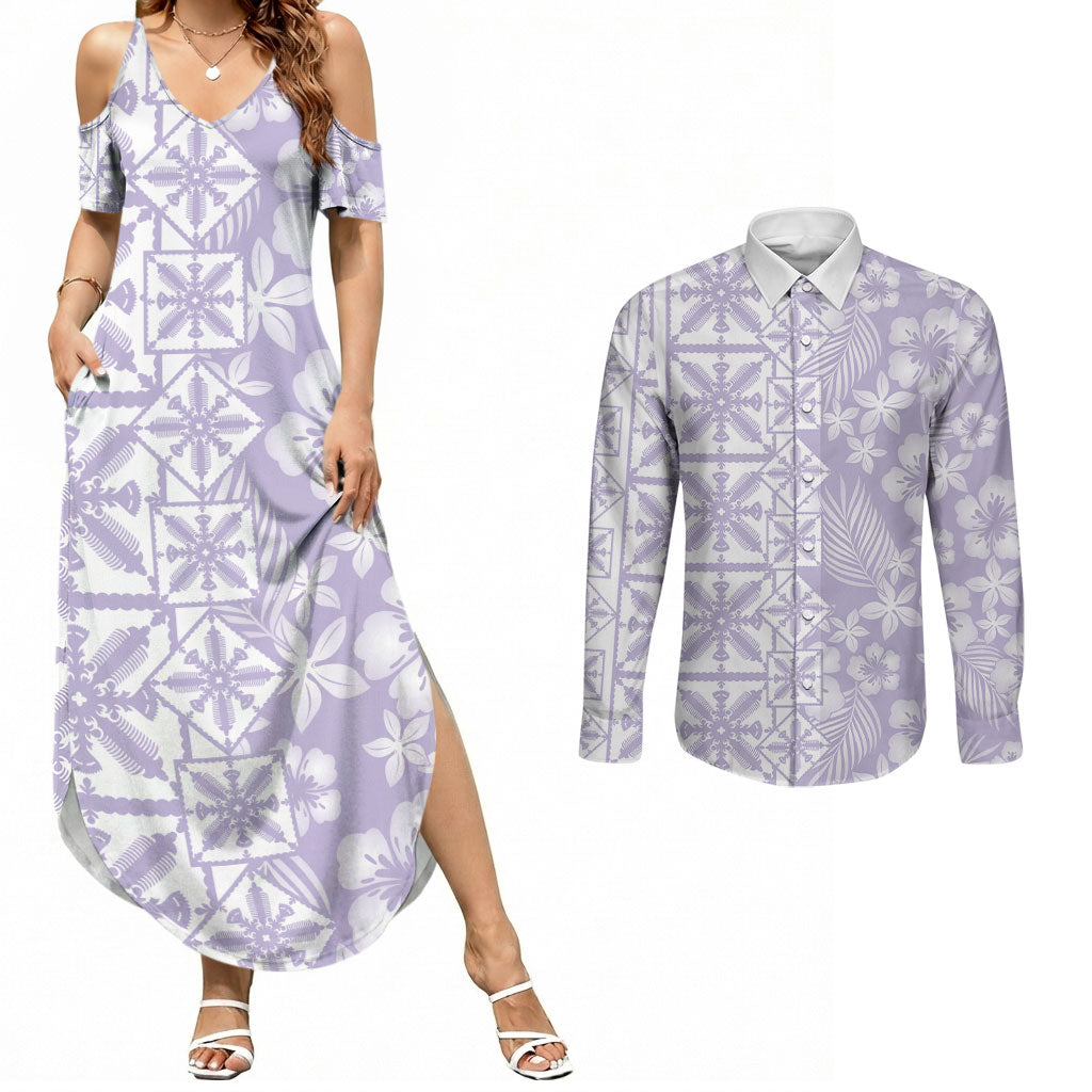 Pastel Purple Kahili Quilt Hawaii Couples Matching Summer Maxi Dress and Long Sleeve Button Shirt Tropical Flower Seamless Half Style LT14 Purple - Polynesian Pride