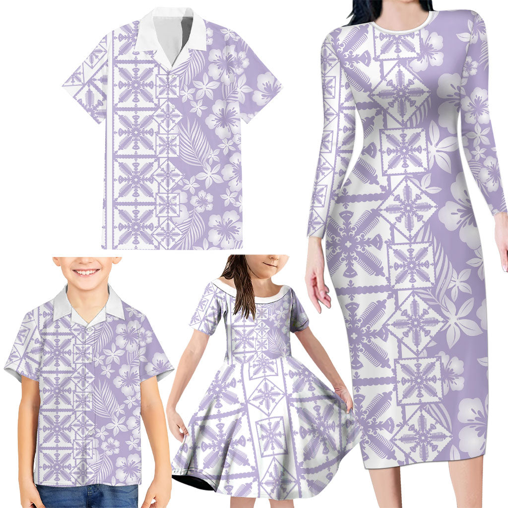 Pastel Purple Kahili Quilt Hawaii Family Matching Long Sleeve Bodycon Dress and Hawaiian Shirt Tropical Flower Seamless Half Style LT14 - Polynesian Pride