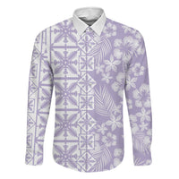 Pastel Purple Kahili Quilt Hawaii Family Matching Off Shoulder Maxi Dress and Hawaiian Shirt Tropical Flower Seamless Half Style LT14 Dad's Shirt - Long Sleeve Purple - Polynesian Pride