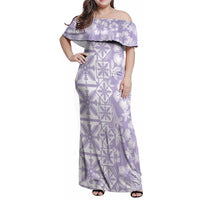 Pastel Purple Kahili Quilt Hawaii Family Matching Off Shoulder Maxi Dress and Hawaiian Shirt Tropical Flower Seamless Half Style LT14 Mom's Dress Purple - Polynesian Pride