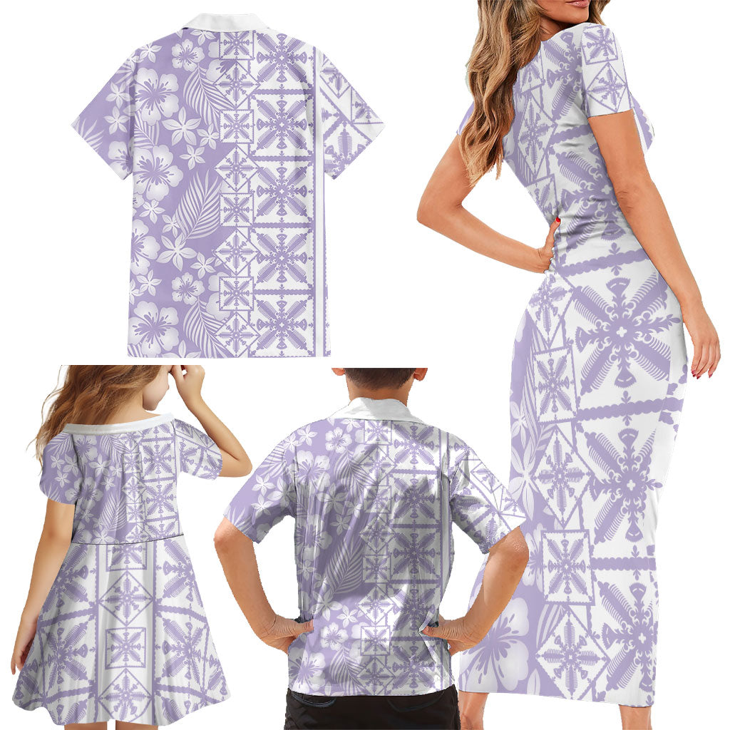 Pastel Purple Kahili Quilt Hawaii Family Matching Short Sleeve Bodycon Dress and Hawaiian Shirt Tropical Flower Seamless Half Style LT14 - Polynesian Pride