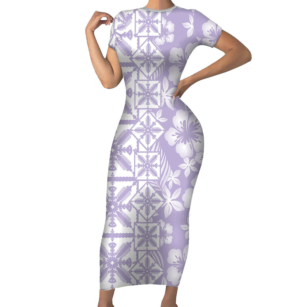 Pastel Purple Kahili Quilt Hawaii Family Matching Short Sleeve Bodycon Dress and Hawaiian Shirt Tropical Flower Seamless Half Style LT14 Mom's Dress Purple - Polynesian Pride