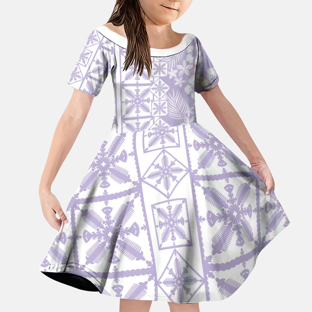 Pastel Purple Kahili Quilt Hawaii Family Matching Tank Maxi Dress and Hawaiian Shirt Tropical Flower Seamless Half Style LT14 Daughter's Dress Purple - Polynesian Pride