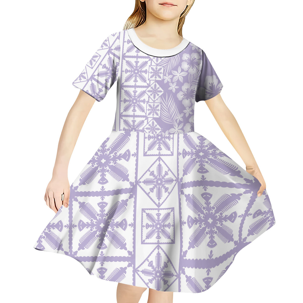 Pastel Purple Kahili Quilt Hawaii Kid Short Sleeve Dress Tropical Flower Seamless Half Style