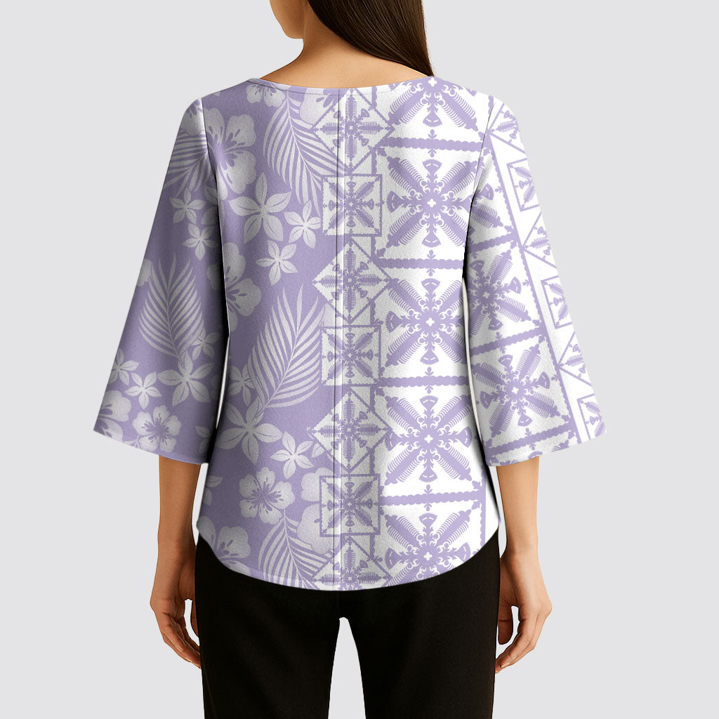Pastel Purple Kahili Quilt Hawaii Kimono Sleeve Blouse Tropical Flower Seamless Half Style