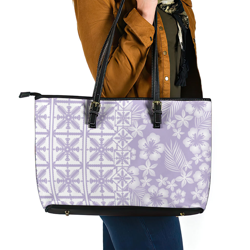 Pastel Purple Kahili Quilt Hawaii Leather Tote Bag Tropical Flower Seamless Half Style