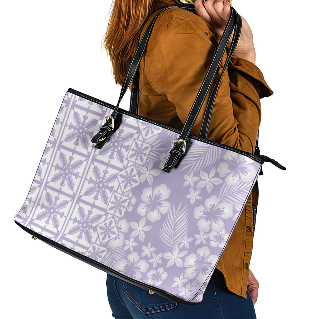 Pastel Purple Kahili Quilt Hawaii Leather Tote Bag Tropical Flower Seamless Half Style