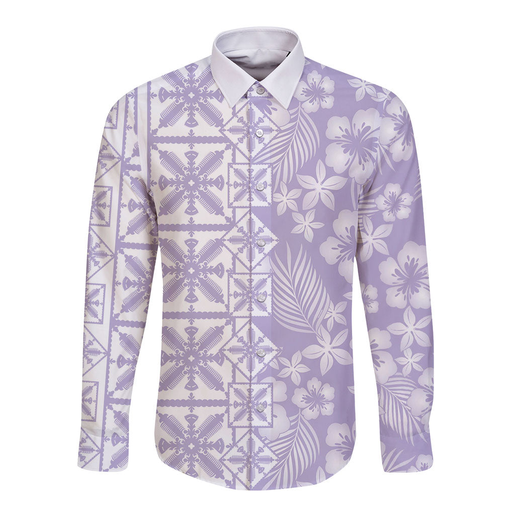 Pastel Purple Kahili Quilt Hawaii Long Sleeve Button Shirt Tropical Flower Seamless Half Style