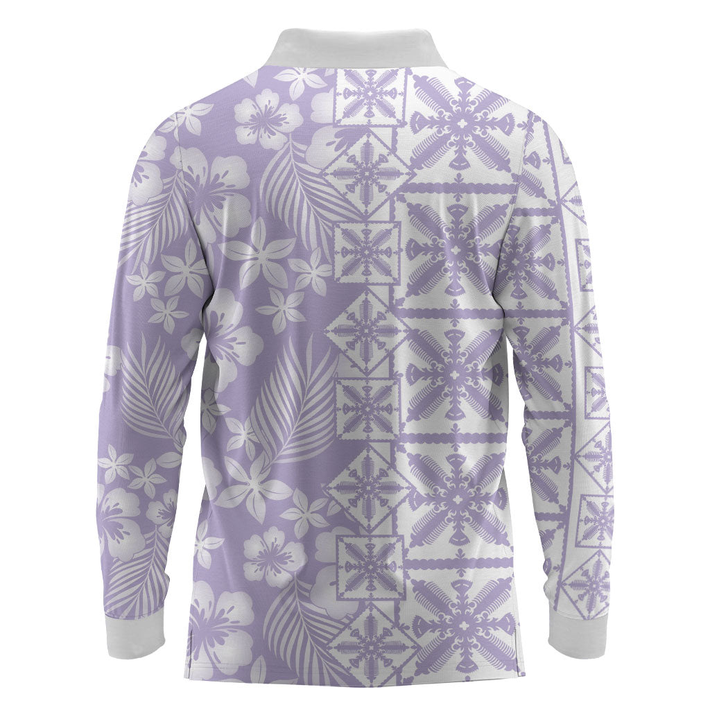 Pastel Purple Kahili Quilt Hawaii Long Sleeve Polo Shirt Tropical Flower Seamless Half Style