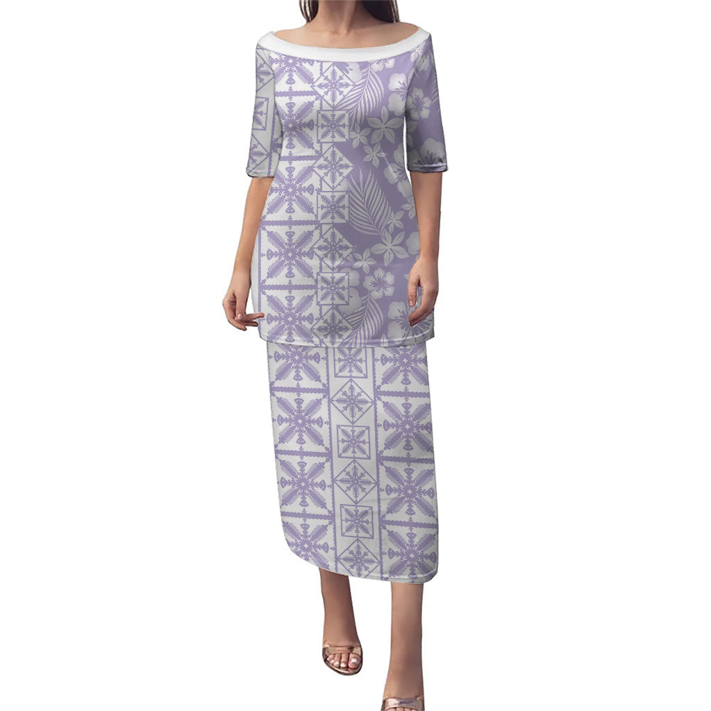 Pastel Purple Kahili Quilt Hawaii Puletasi Tropical Flower Seamless Half Style LT14 Long Dress Purple - Polynesian Pride
