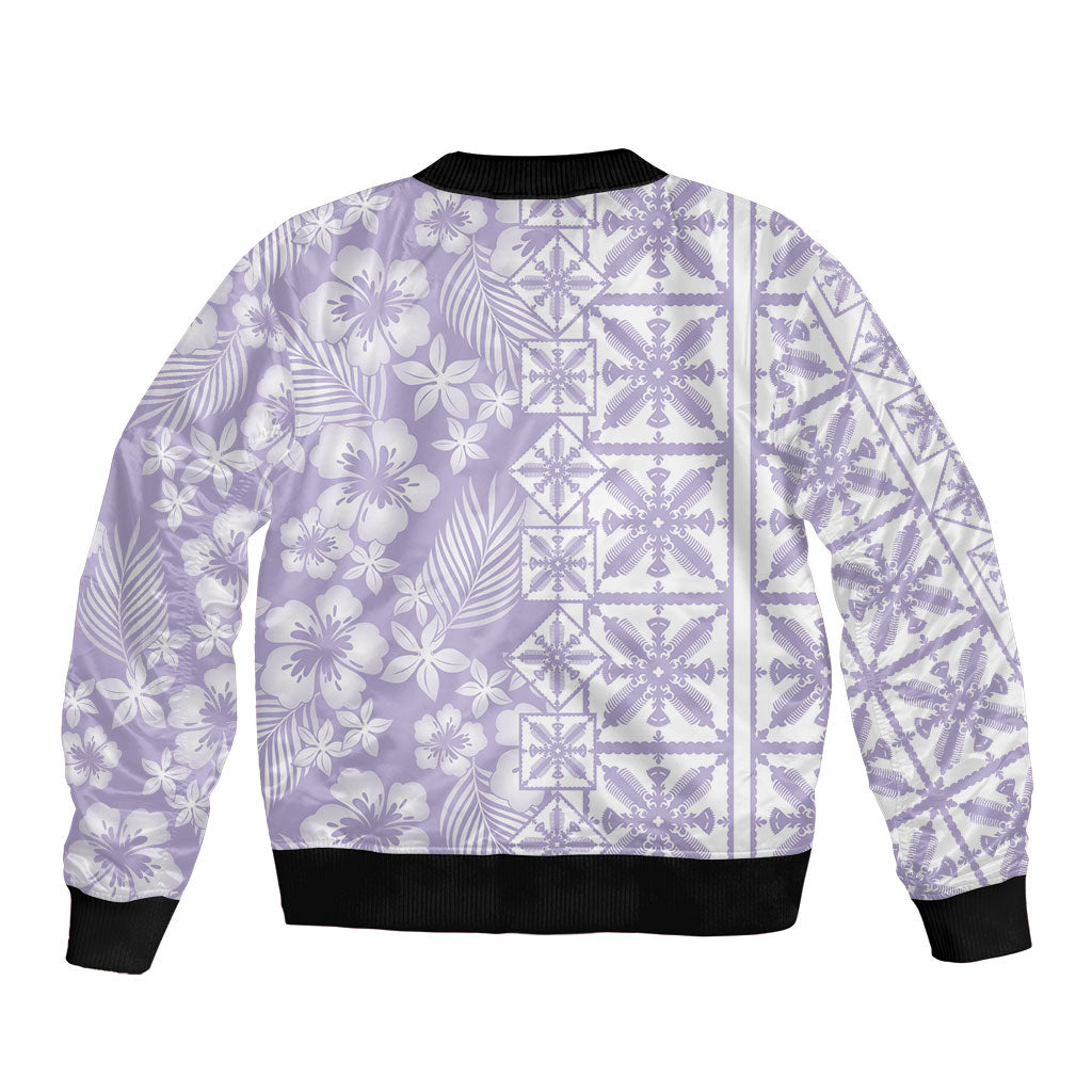 Pastel Purple Kahili Quilt Hawaii Sleeve Zip Bomber Jacket Tropical Flower Seamless Half Style