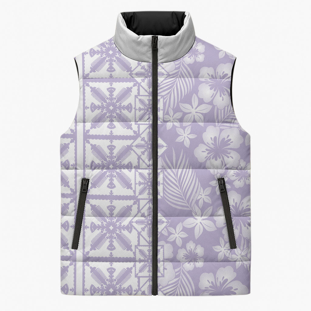 Pastel Purple Kahili Quilt Hawaii Sleeveless Puffer Jacket Tropical Flower Seamless Half Style