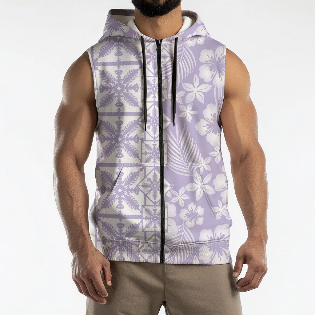 Pastel Purple Kahili Quilt Hawaii Sleeveless Zip Hoodie Tropical Flower Seamless Half Style