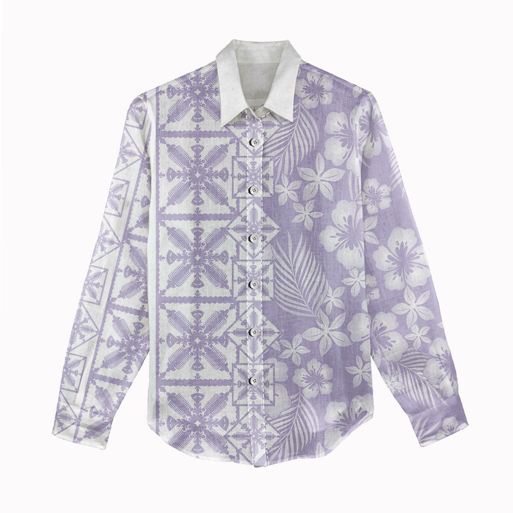 Pastel Purple Kahili Quilt Hawaii Women Casual Shirt Tropical Flower Seamless Half Style LT14 - Polynesian Pride