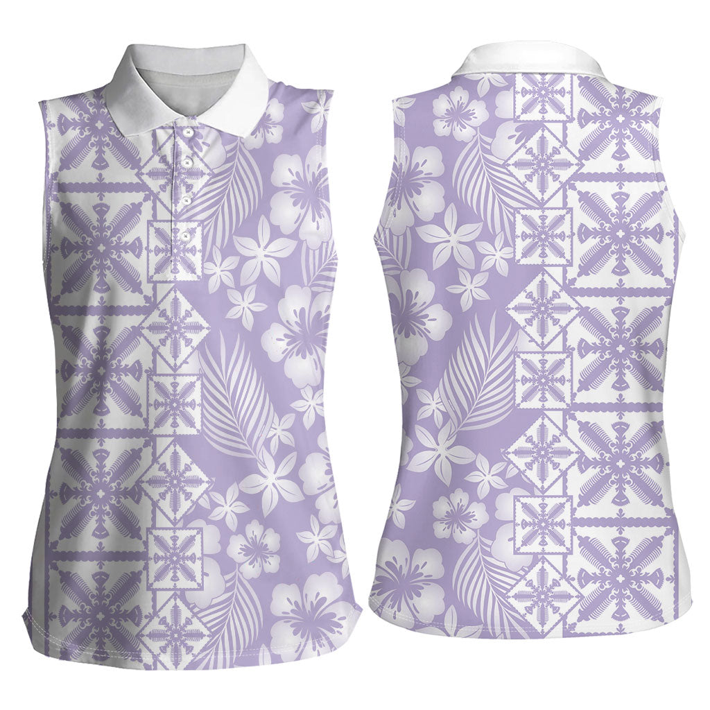 Pastel Purple Kahili Quilt Hawaii Women Sleeveless Polo Shirt Tropical Flower Seamless Half Style LT14 - Polynesian Pride
