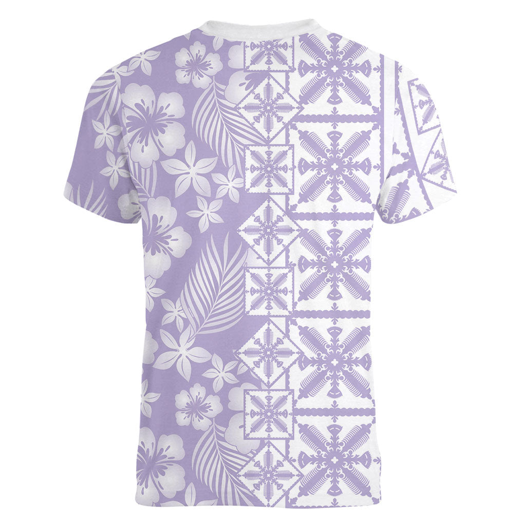 Pastel Purple Kahili Quilt Hawaii Women V-Neck T-Shirt Tropical Flower Seamless Half Style LT14 - Polynesian Pride