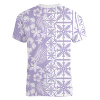 Pastel Purple Kahili Quilt Hawaii Women V-Neck T-Shirt Tropical Flower Seamless Half Style LT14 - Polynesian Pride