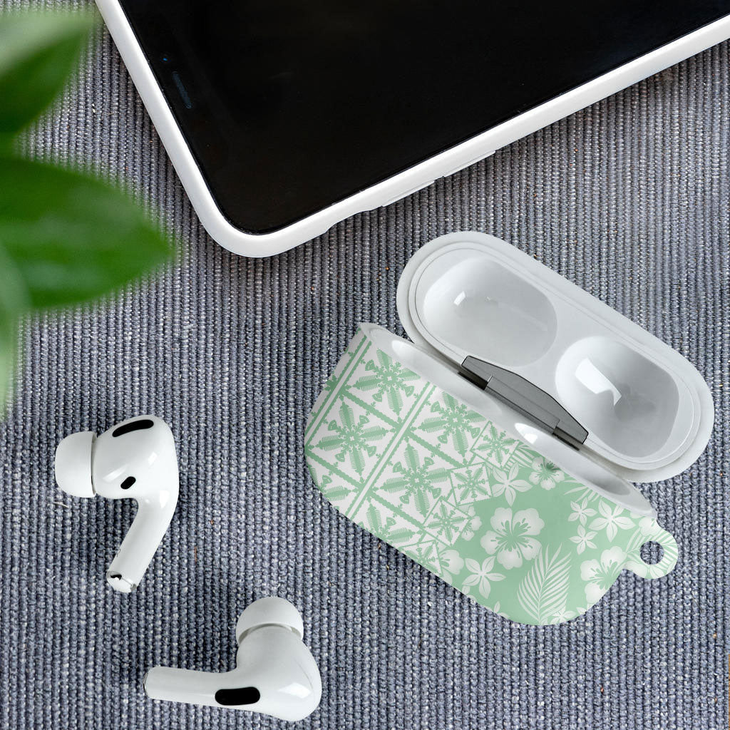 Pastel Green Kahili Quilt Hawaii AirPods Case Tropical Flower Seamless Half Style