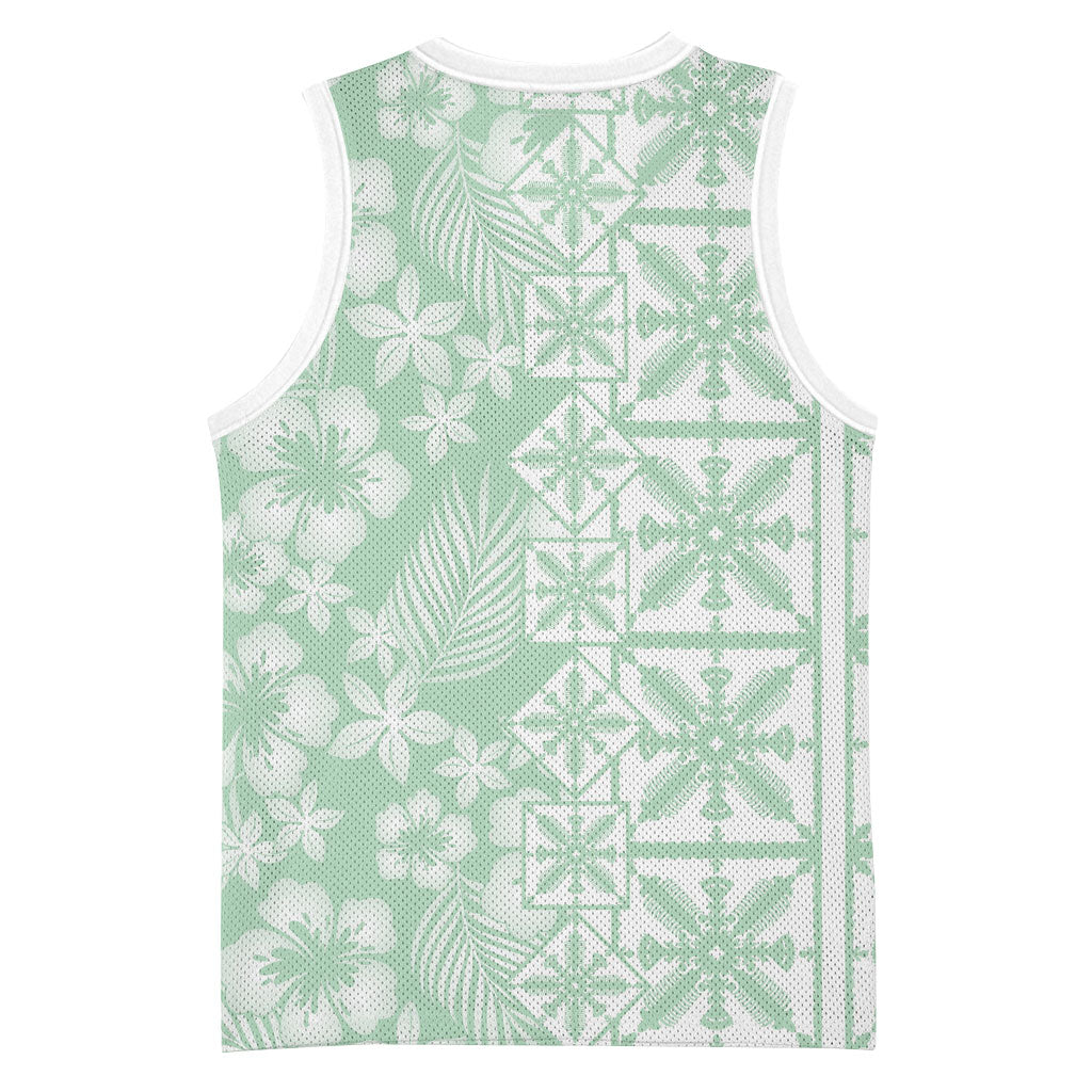Pastel Green Kahili Quilt Hawaii Basketball Jersey Tropical Flower Seamless Half Style