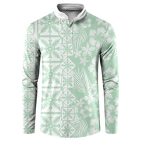 Pastel Green Kahili Quilt Hawaii Button Sweatshirt Tropical Flower Seamless Half Style