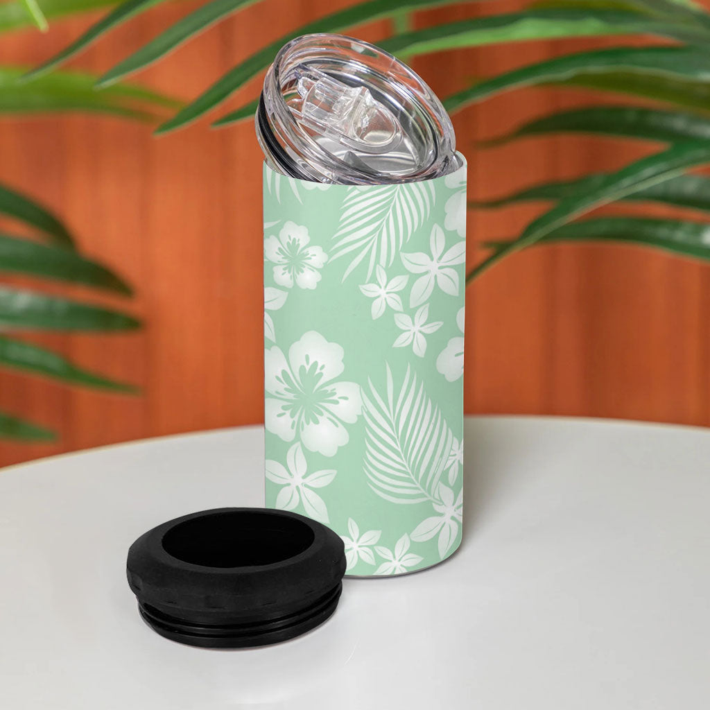 Pastel Green Kahili Quilt Hawaii 4 in 1 Can Cooler Tumbler Tropical Flower Seamless Half Style