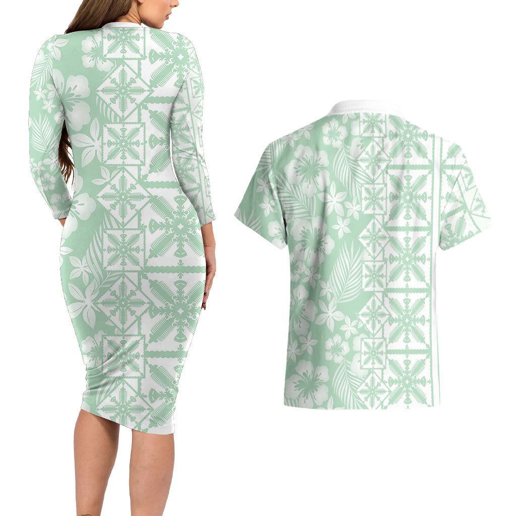 Pastel Green Kahili Quilt Hawaii Couples Matching Long Sleeve Bodycon Dress and Hawaiian Shirt Tropical Flower Seamless Half Style LT14 - Polynesian Pride