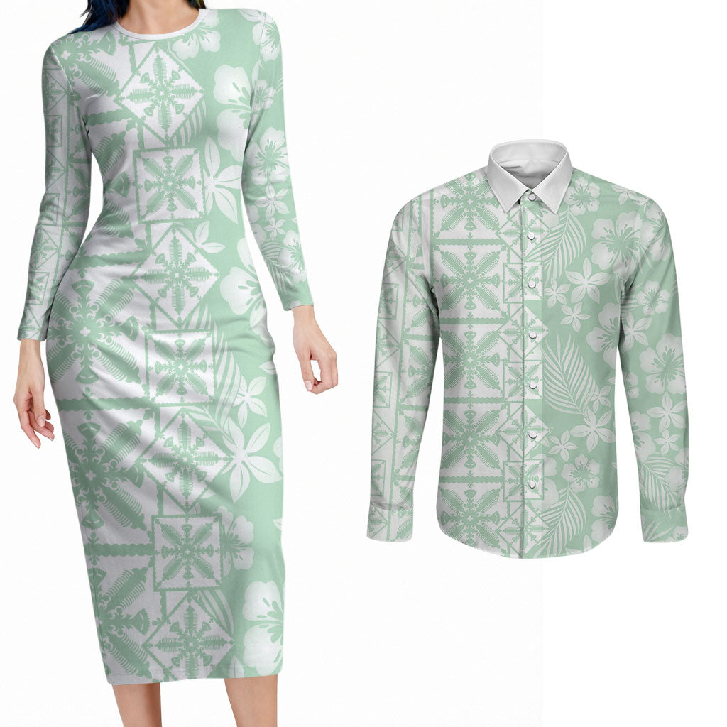 Pastel Green Kahili Quilt Hawaii Couples Matching Long Sleeve Bodycon Dress and Long Sleeve Button Shirt Tropical Flower Seamless Half Style LT14 Green - Polynesian Pride