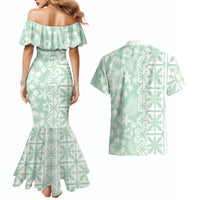 Pastel Green Kahili Quilt Hawaii Couples Matching Mermaid Dress and Hawaiian Shirt Tropical Flower Seamless Half Style LT14 - Polynesian Pride