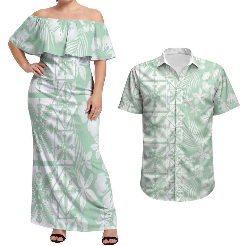 Pastel Green Kahili Quilt Hawaii Couples Matching Off Shoulder Maxi Dress and Hawaiian Shirt Tropical Flower Seamless Half Style LT14 Green - Polynesian Pride