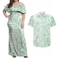Pastel Green Kahili Quilt Hawaii Couples Matching Off Shoulder Maxi Dress and Hawaiian Shirt Tropical Flower Seamless Half Style LT14 Green - Polynesian Pride