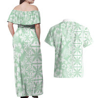 Pastel Green Kahili Quilt Hawaii Couples Matching Off Shoulder Maxi Dress and Hawaiian Shirt Tropical Flower Seamless Half Style LT14 - Polynesian Pride