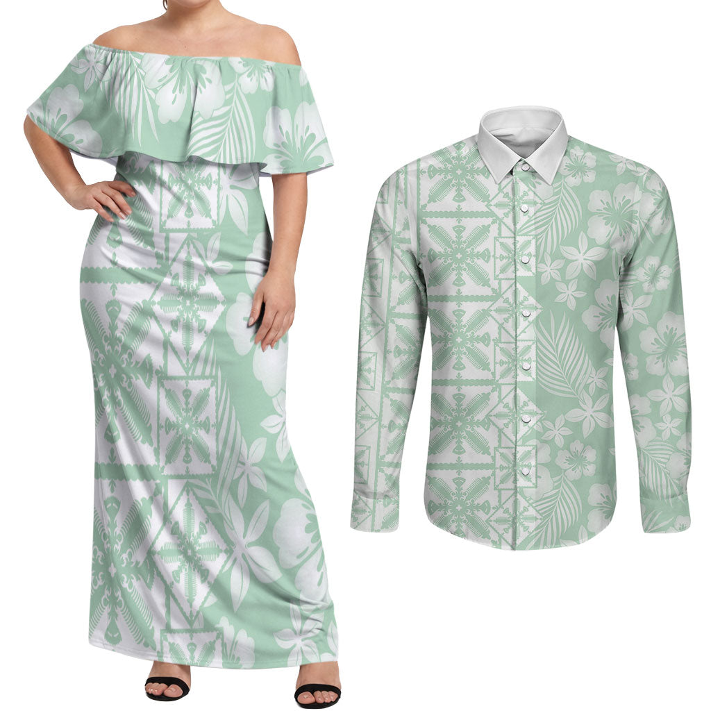 Pastel Green Kahili Quilt Hawaii Couples Matching Off Shoulder Maxi Dress and Long Sleeve Button Shirt Tropical Flower Seamless Half Style LT14 Green - Polynesian Pride
