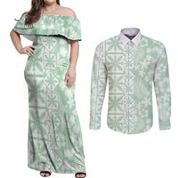 Pastel Green Kahili Quilt Hawaii Couples Matching Off Shoulder Maxi Dress and Long Sleeve Button Shirt Tropical Flower Seamless Half Style LT14 Green - Polynesian Pride