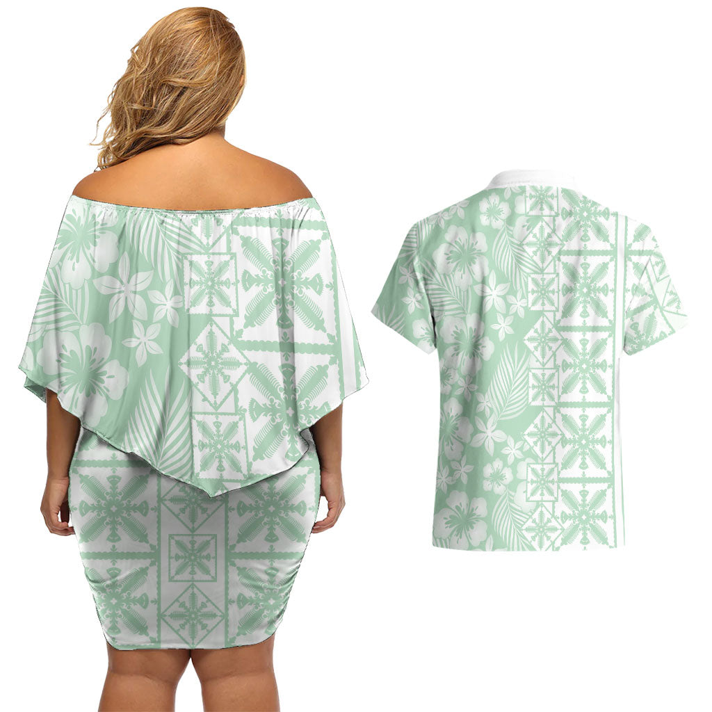 Pastel Green Kahili Quilt Hawaii Couples Matching Off Shoulder Short Dress and Hawaiian Shirt Tropical Flower Seamless Half Style LT14 - Polynesian Pride