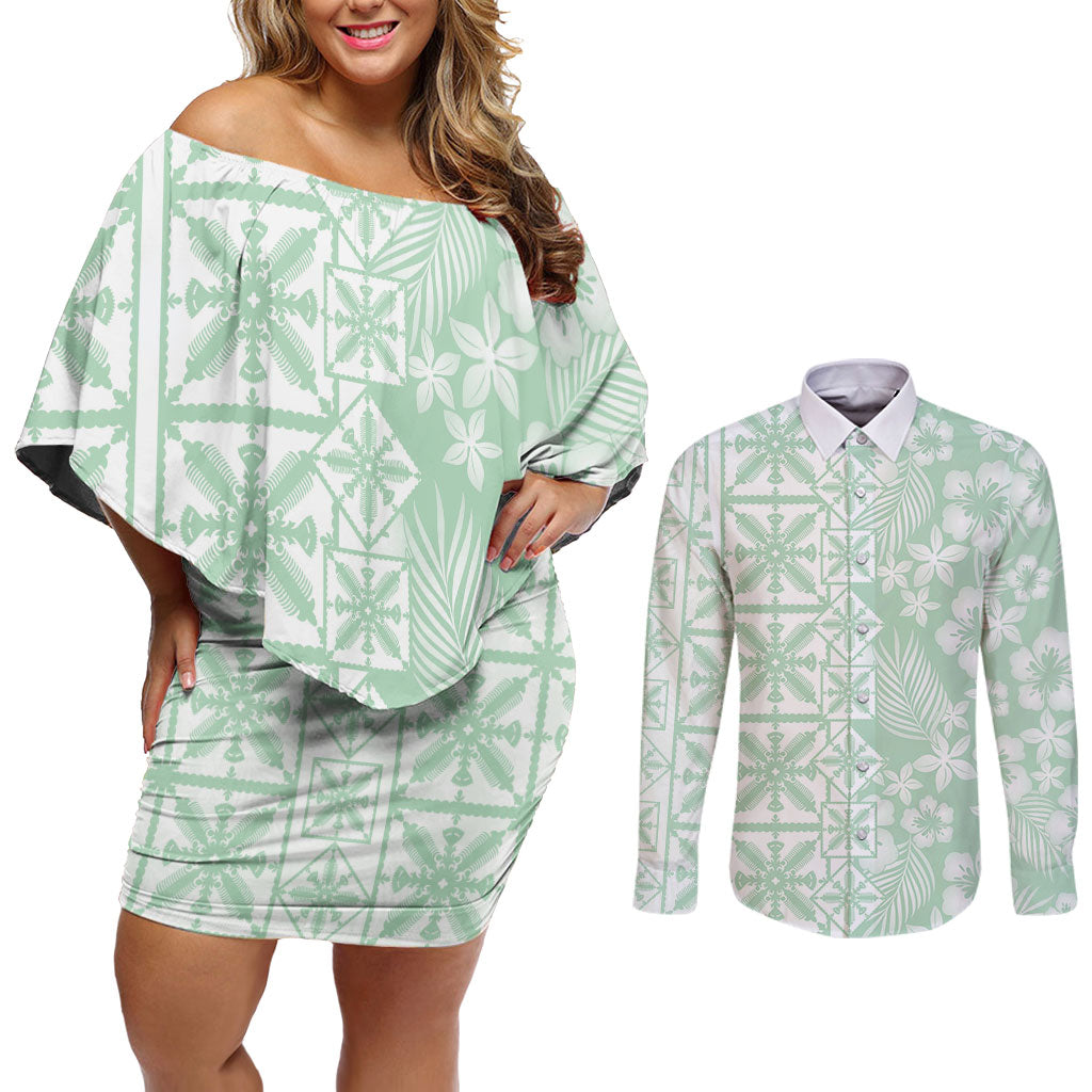 Pastel Green Kahili Quilt Hawaii Couples Matching Off Shoulder Short Dress and Long Sleeve Button Shirt Tropical Flower Seamless Half Style LT14 Green - Polynesian Pride
