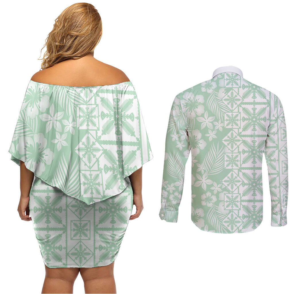 Pastel Green Kahili Quilt Hawaii Couples Matching Off Shoulder Short Dress and Long Sleeve Button Shirt Tropical Flower Seamless Half Style LT14 - Polynesian Pride