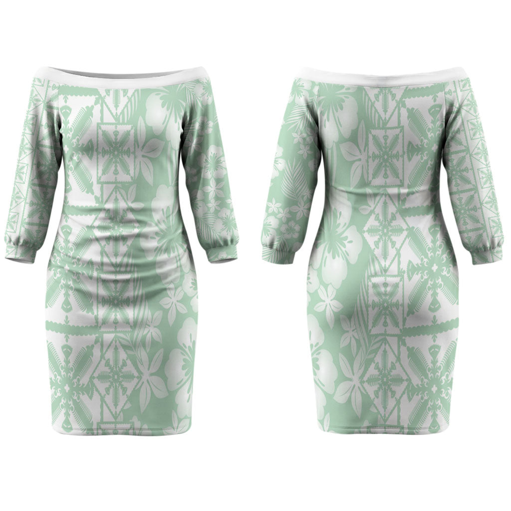Pastel Green Kahili Quilt Hawaii Couples Matching Off The Shoulder Long Sleeve Dress and Long Sleeve Button Shirt Tropical Flower Seamless Half Style LT14 - Polynesian Pride