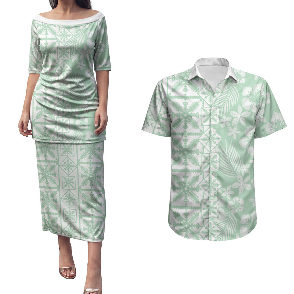 Pastel Green Kahili Quilt Hawaii Couples Matching Puletasi and Hawaiian Shirt Tropical Flower Seamless Half Style LT14 Green - Polynesian Pride