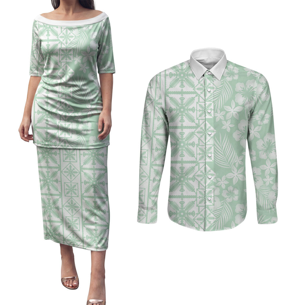 Pastel Green Kahili Quilt Hawaii Couples Matching Puletasi and Long Sleeve Button Shirt Tropical Flower Seamless Half Style LT14 Green - Polynesian Pride